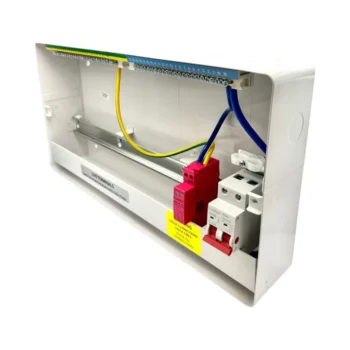 Angled view of the FuseBox F2021MX consumer unit with no front cover, showing internal layout