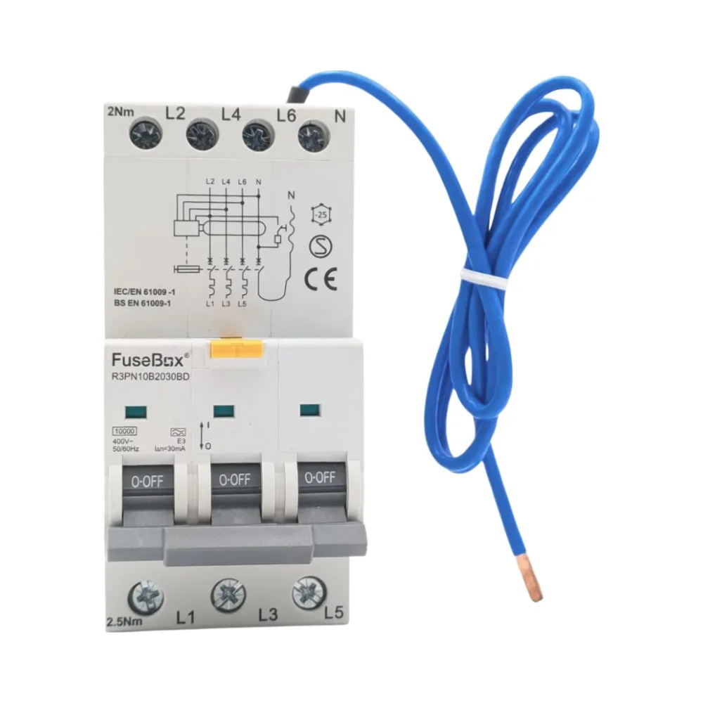 FuseBox R3PN10C1630BD 16A 3P+N Curve C Bi-Directional RCBO 2 FuseBox 3 Phase RCBO - Front