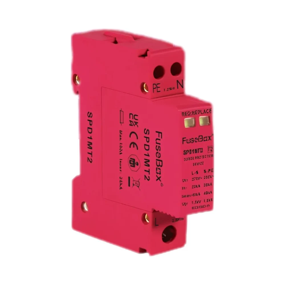 Fusebox SPD1MT2 Single Module Type 2 SPD Surge Protection Device 1 FuseBox SPD1MT2 T2 single module surge protection device with DIN rail mount and busbar connection for 230V single-phase circuits.