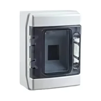 Garo GCUT4 4-module IP65-rated electrical enclosure with transparent UV-resistant door, impact-resistant housing, and flexible internal DIN mounting.