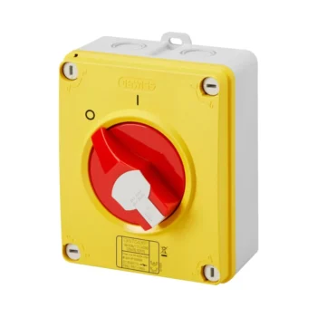 Front view of the Gewiss GW70436P 32A 4-pole rotary isolator switch with a red lockable emergency stop knob in a weather-resistant insulating enclosure.