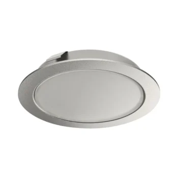 Hafele Loox5 2047 5000K 12V silver recessed LED downlight with frosted glass diffuser, ideal for modern furniture lighting.