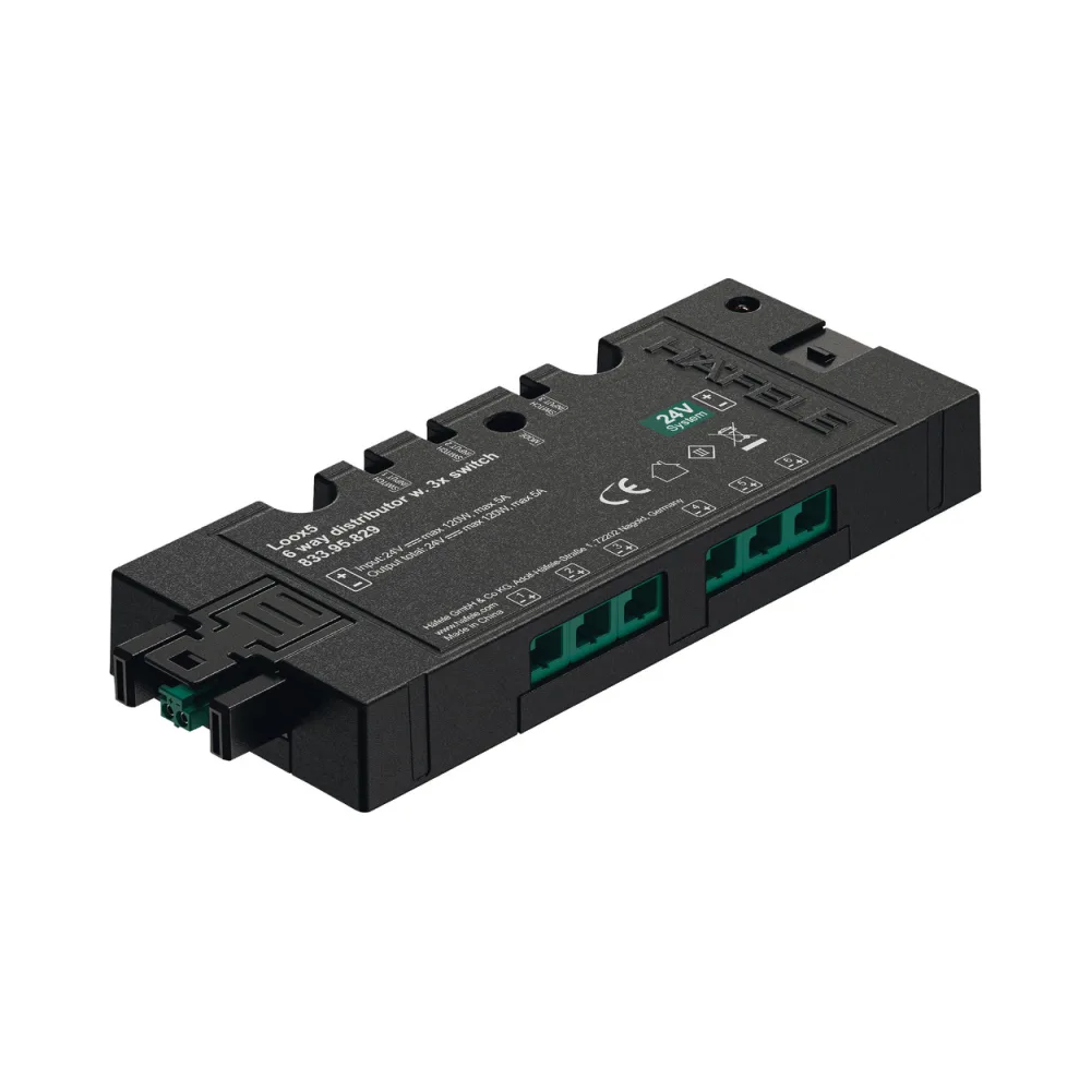 Hafele 833.95.829 | Loox5 | 6-Way Switching Distributor | For 12V & 24V Systems | 24V 120W 1 HAFELE 83395829 Hafele Loox5 6-Way Distributor with Switching Function for use with Loox5 12V and 24V Drivers and Lights - 24V 120W 1