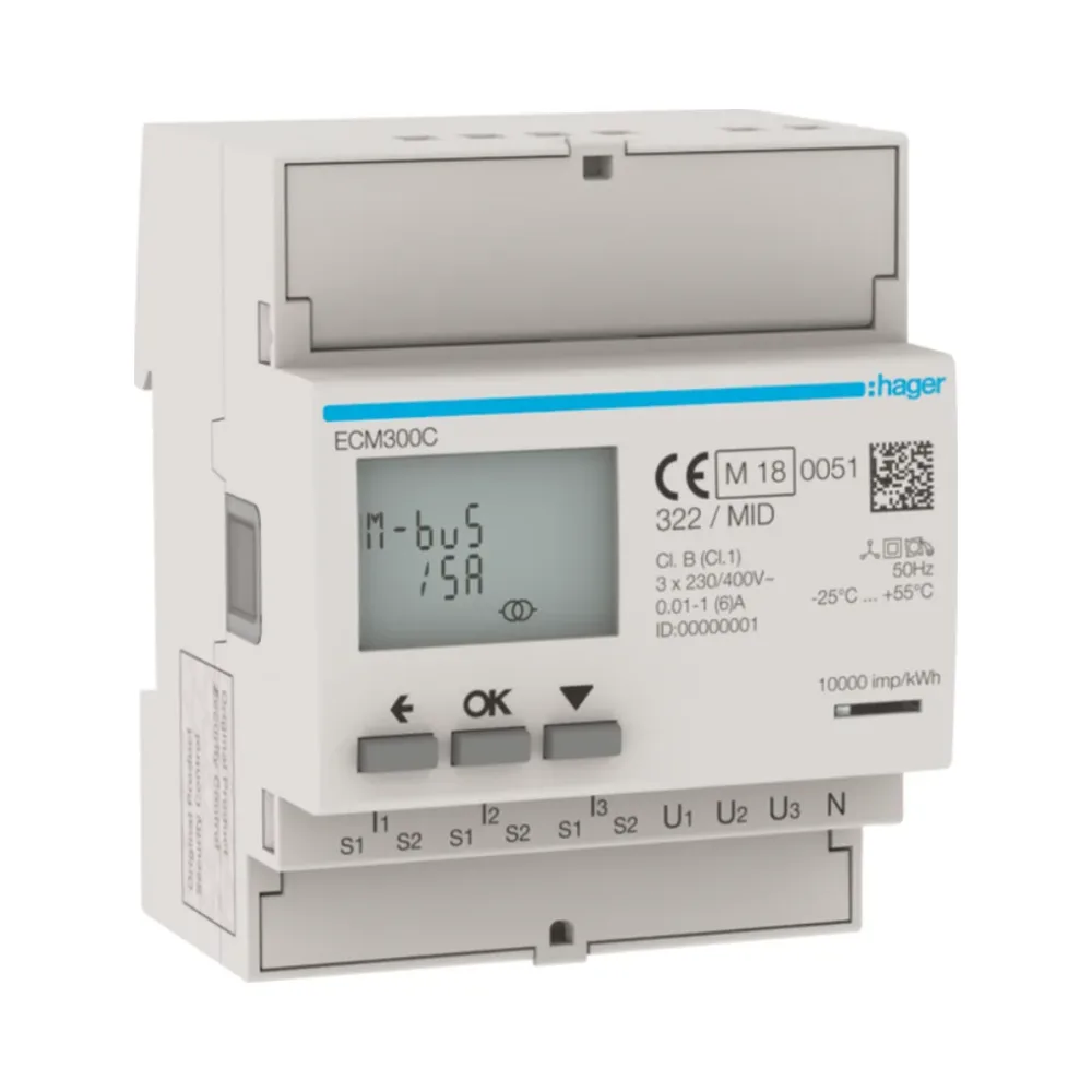 Hager ECM300C3 Phase kWh Meter via CT 1A or 5A 4M MBUS MID 1 Hager ECM300C Hager 3 Phase kWhmeter via CT 1A or 5A 4M MBUS MID