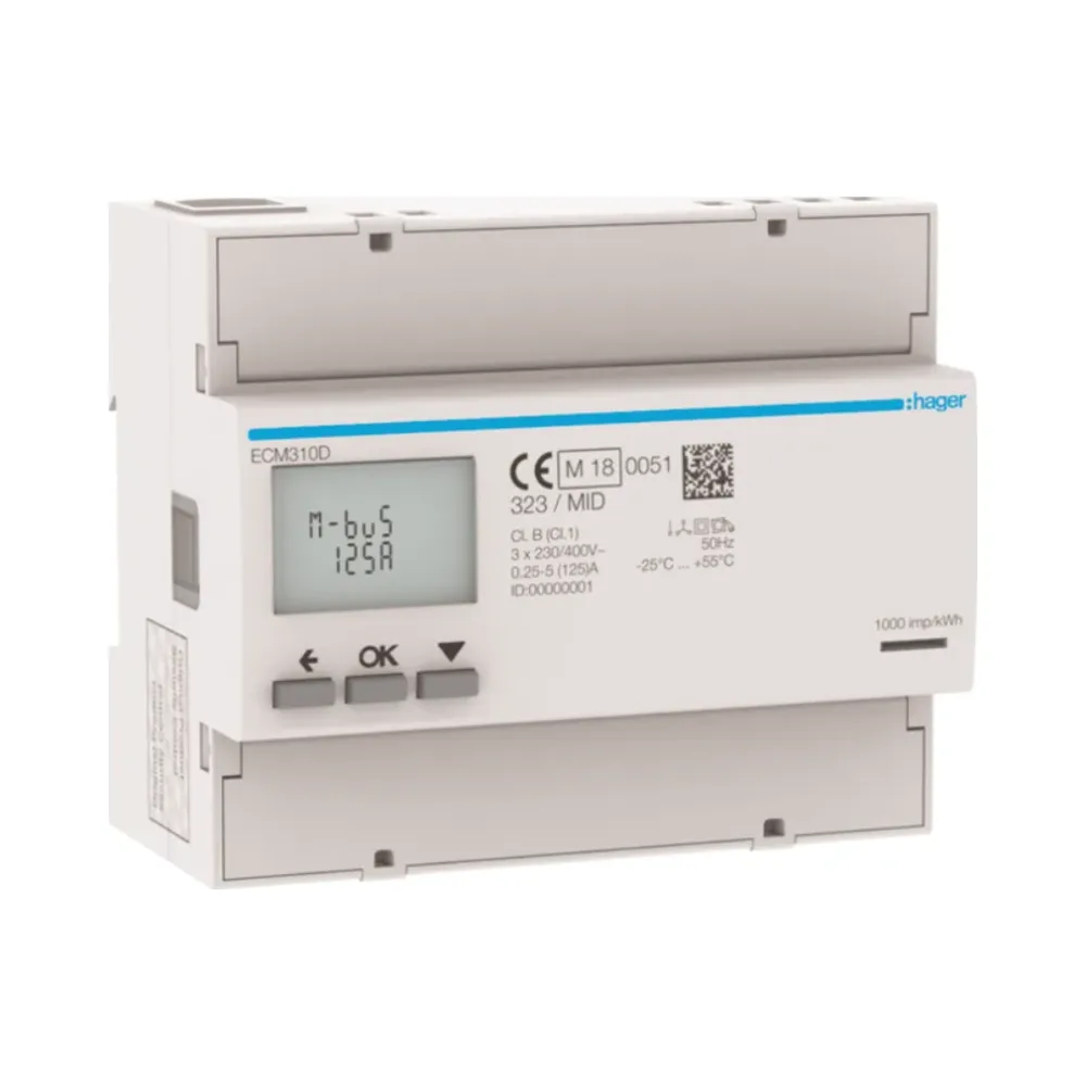 Hager ECM310D 3 Phase kWh Meter Direct 125A 6M MBUS MID 1 Hager ECM310D Hager 3 Phase kWhmeter Direct 125A 6M MBUS MID