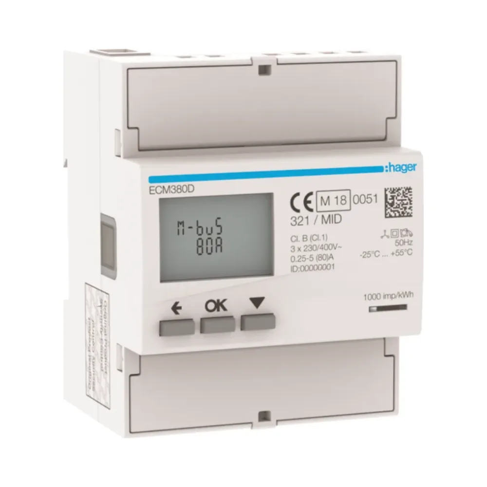 Hager ECM380D 3 Phase kWh Meter Direct 80A 4M MBUS MID 1 Hager ECM380D Hager 3 Phase kWhmeter Direct 80A 4M MBUS MID