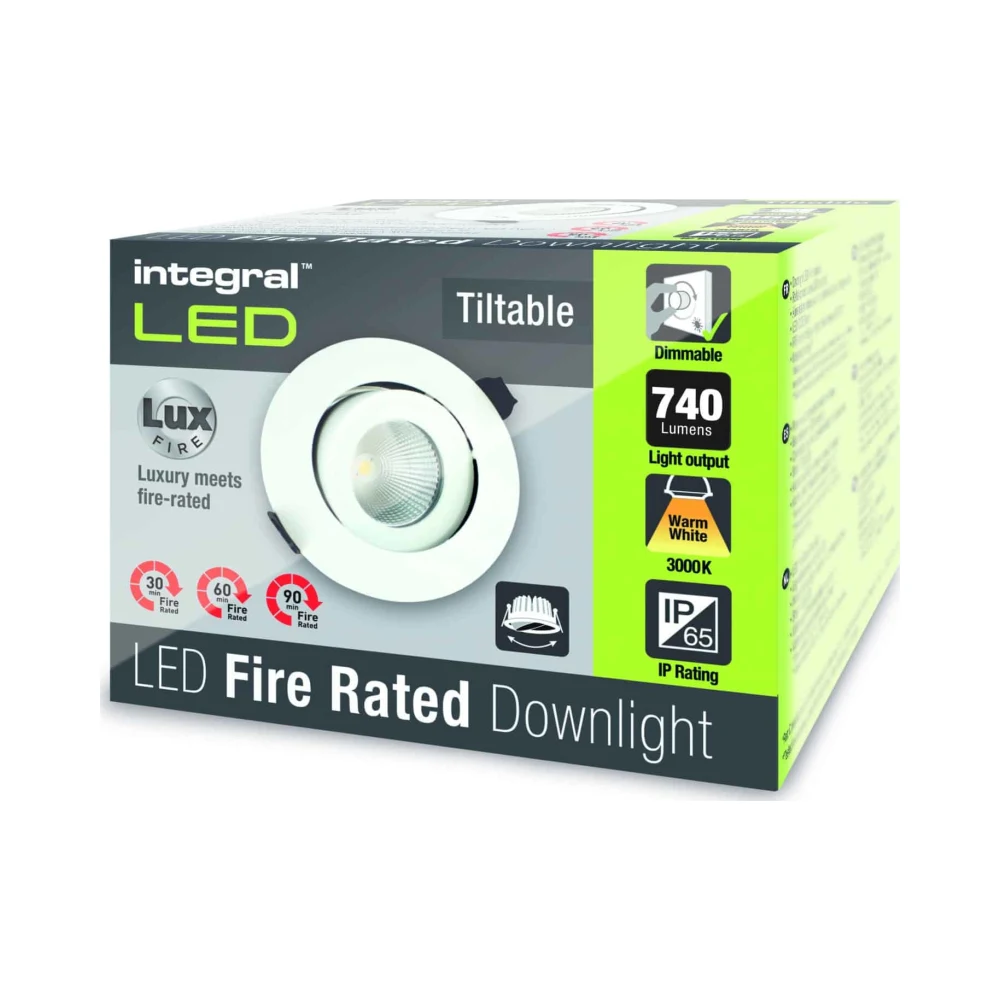 Integral | ILDLFR92C007 | Luxfire | LED Downlight | IP65 230V | 3000K Warm White | 36° | 9W 4 Integral ILDLFR92C007 Integral LED Luxfire Fire Rated Tiltable Downlight - IP65 740Lm 9W 3000K 55° - Matt White 4
