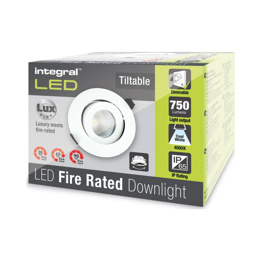 Integral | ILDLFR92C009 | Luxfire | LED Downlight | IP65 230V | 3000K Warm White | 55° | 11W 4 Integral ILDLFR92C009 Integral LED Luxfire Fire Rated Tiltable Downlight - IP65 900Lm 11W 3000K 55° - Matt White 4