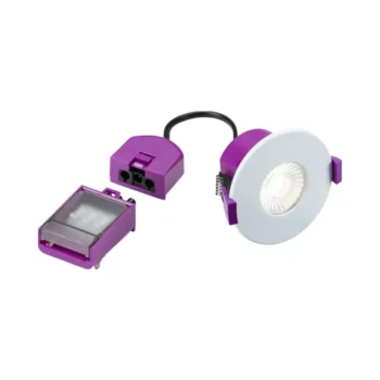 10-pack of Knightsbridge SPKEVF fire-rated IP65 LED downlights with selectable wattage and colour temperature, ideal for bathroom and ceiling lighting.