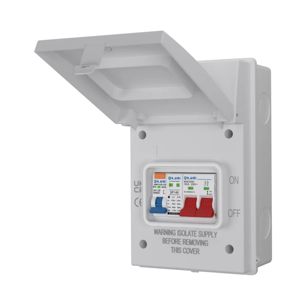 Live Electrical AGU4-SR/W IP65 Metal SPD Garage/EV Consumer Unit with B40A RCBO – White 1 Live Electrical AGU4-SR/W IP65 Metal SPD Garage/EV Consumer Unit with B40A RCBO – White