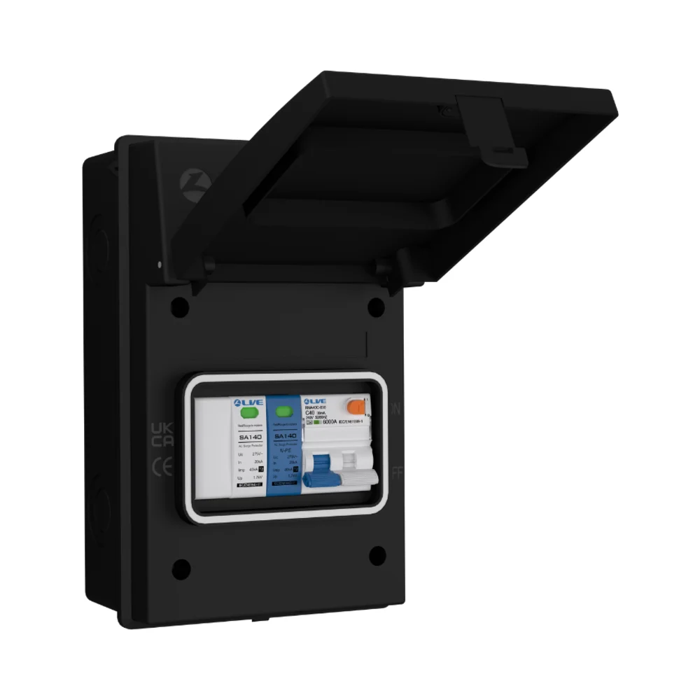 Live Electrical AGU5-SNR/B IP65 Metal EV Consumer Unit with C40A RCBO and SPD - Black 1 Live Electrical AGU5-SNR/B IP65 Metal EV Consumer Unit with C40A RCBO and SPD - Black