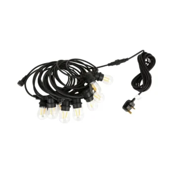 LST1 IP65 150W Outdoor Festoon Lights with 10 E27 holders, 12 warm white bulbs, and black plug-in string design.