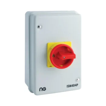 Niglon ISM404P Metalclad 40A 4P rotary isolator – dust and splash-resistant switch for local isolation in electrical installations.