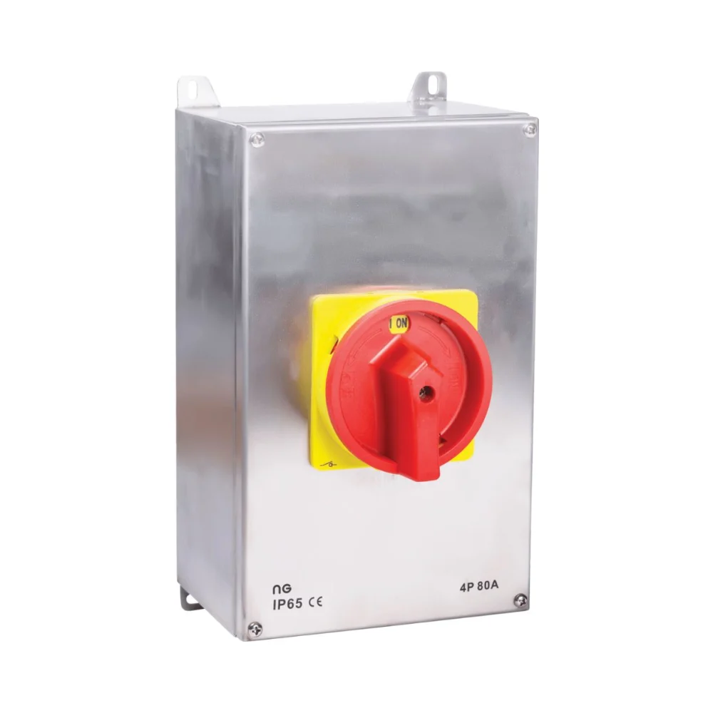 Niglon ISS324P Stainless Steel 32A 4P IP65 Rotary Isolator 1 Niglon ISS324P Steel 32A 4 Pole Rotary Isolator – IP65-rated switch for commercial and light industrial systems.