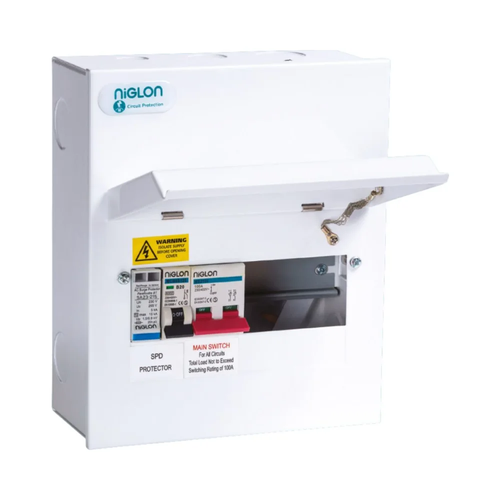 Niglon M3CU10SP 100A DP Main Switch 6 Way SPD Consumer Unit 1 Niglon M3CU10SP 100A DP Main Switch SPD Consumer Unit, 6 Usable Ways, Ideal for RCBO Setup, BS7671:2018 Compliant, 18th Edition Consumer Unit.