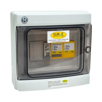 Surge Devices 10812/LEDENCM Surge Devices Type 1+2+3 50kA Single Phase SPD with All/Full Mode Protection & LED Indication & 1P 63A MCB in IP65 Polycarbonate Enclosure
