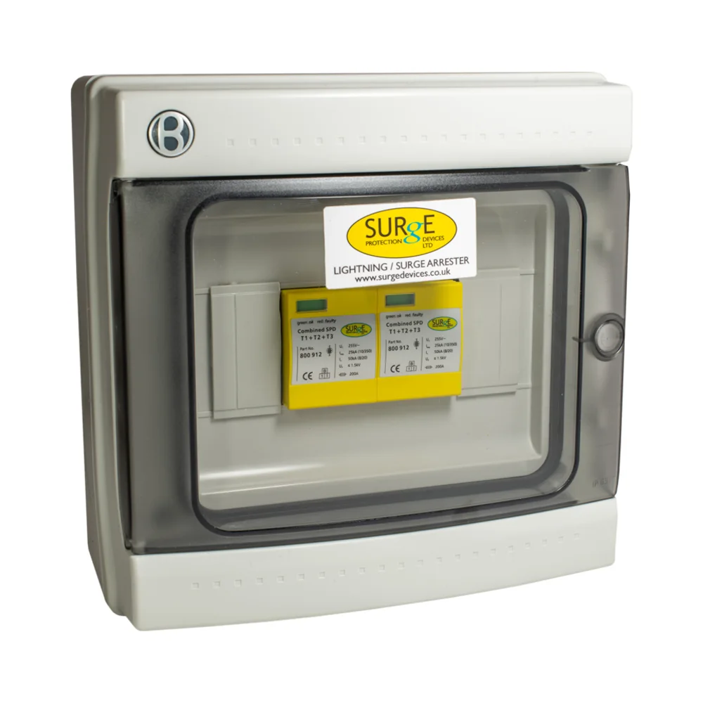 Surge Devices 800912/ENC 50kA Type 1+2+3 Single Phase SPD in IP65 Enclosure 1 Surge Devices 800912ENC Surge Devices Type 1+2+3 50kA Single Phase SPD with Window Indication and Pluggable Modules in IP65 Polycarbonate Enclosure