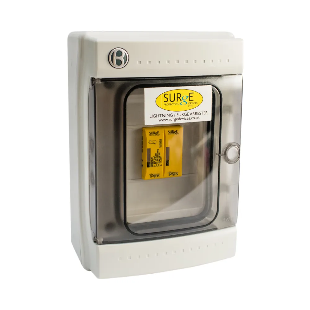 Surge Devices 10020/2ENC Type 1+2+3 SPD – 25kA Single Phase Lightning Arrester in IP65 Enclosure 1 Surge Devices 10020/2ENC Surge Devices Type 1+2+3 25kA Single Phase Lightning and Surge Arrester with Indication in IP65 Polycarbonate Enclosure