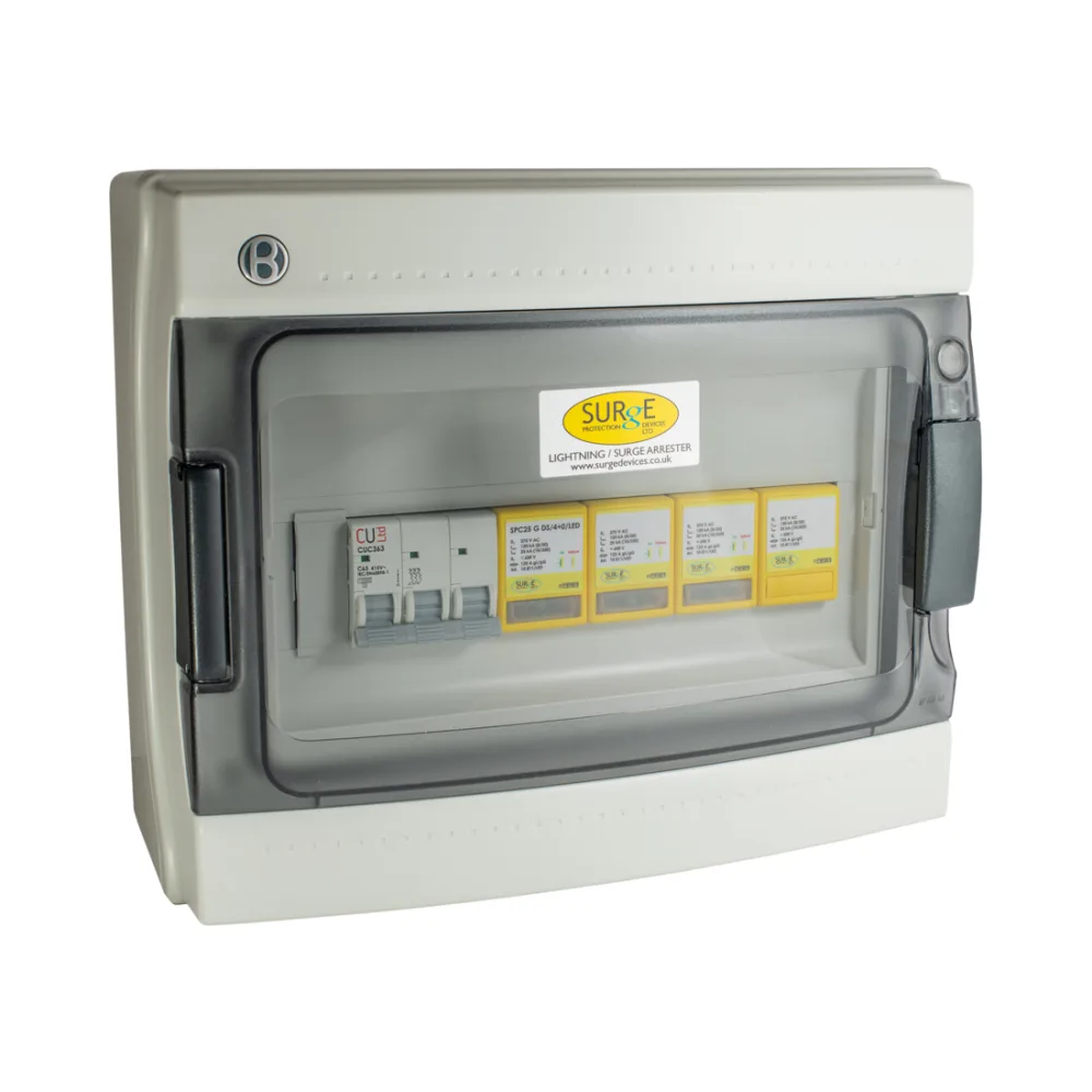 Surge Devices 10811/LEDENCM Type 1+2+3 SPD – 3-Phase Lightning Arrester with 63A MCB in IP65 Enclosure for TN-S & TNC-S Systems 1 Surge Devices 10811/LEDENCM Surge Devices 10811/LEDENCM 3 Phase SPD Type 1+2+3 100kA with Full Mode Protection & LED Indication in IP65 Polycarbonate Enclosure