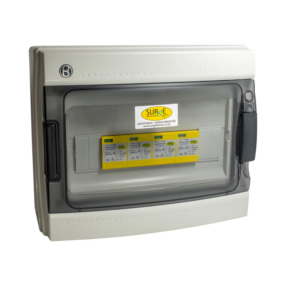 Surge Devices 800914ENC Type 1+2+3 SPD – 3-Phase Lightning Arrester in IP65 Enclosure 1 Surge Devices 800914ENC Surge Devices Type 1+2+3 100kA 3 Phase SPD with Window Indication and Pluggable Modules in IP65 Polycarbonate Enclosure