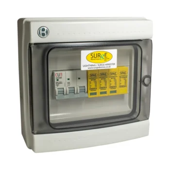Surge Devices SY12350KA4P/ENCM Surge Devices Type 1+2+3 50kA 3 Phase Lightning and Surge Arrester with Window Indication & 3P 63A MCB in IP65 Polycarbonate Enclosure