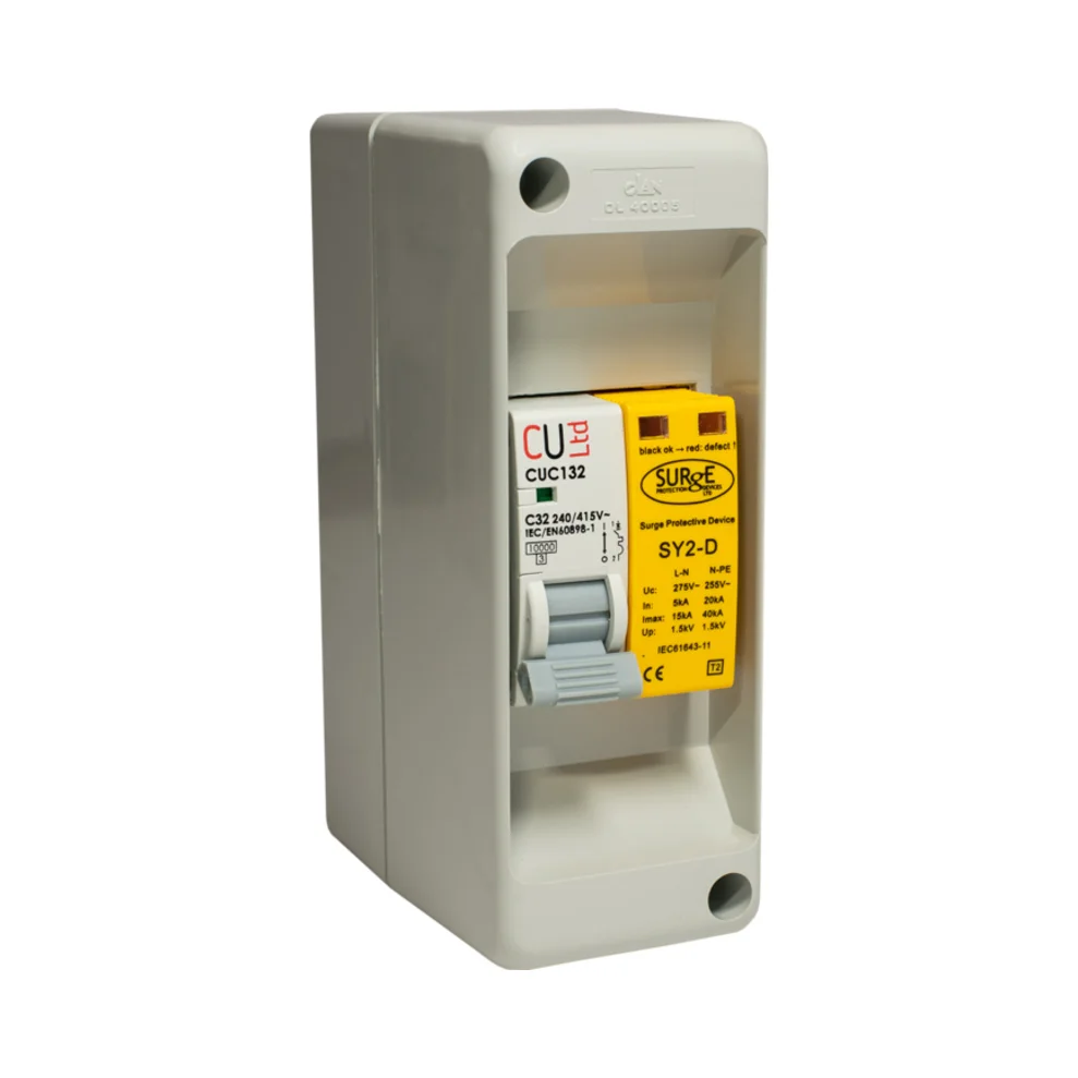 Surge Devices SY2-D/ENCM Single Phase Type 2/3 Surge Protection in Enclosure with MCB 1 Surge Devices SY2-D/ENCM Surge Devices Type 2+3 Single Module 2P SPD with Replaceable Modules and Window Indication & 1P 32A MCB in A 2 Module Box