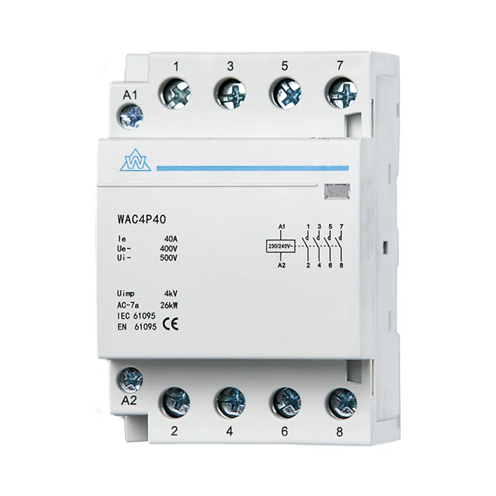 WCED WAC4P25 – 4 Pole 25A 4NO 230V AC Modular Contactor 1 WCED 4 Pole 230/400V 25A NO Normally Open AC Modular Contactor