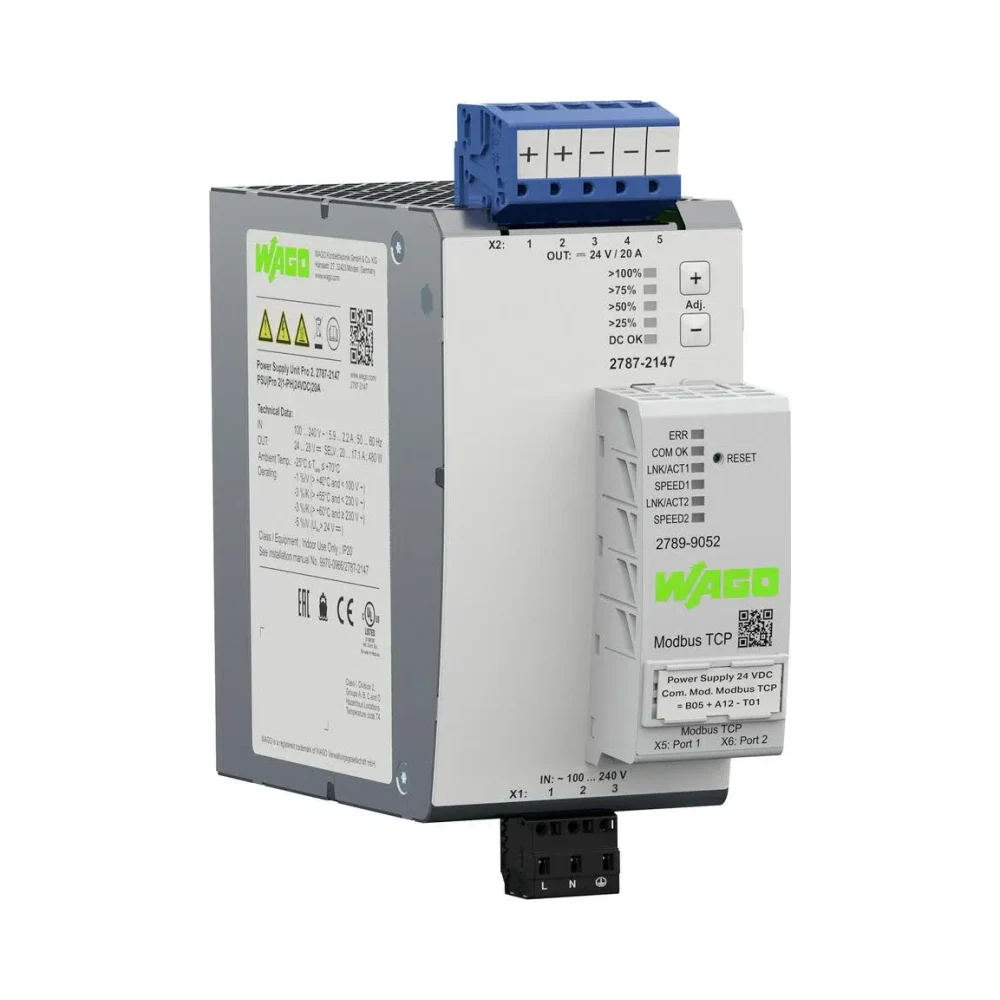 Wago 2787-2147 Power Supply Pro 2 24 VDC 20A TopBoost + PowerBoost 5 Wago 2787-2147 Wago 2787-2147 Power supply; Pro 2; 1-phase; 24 VDC output voltage; 20 A output current; TopBoost + PowerBoost 5