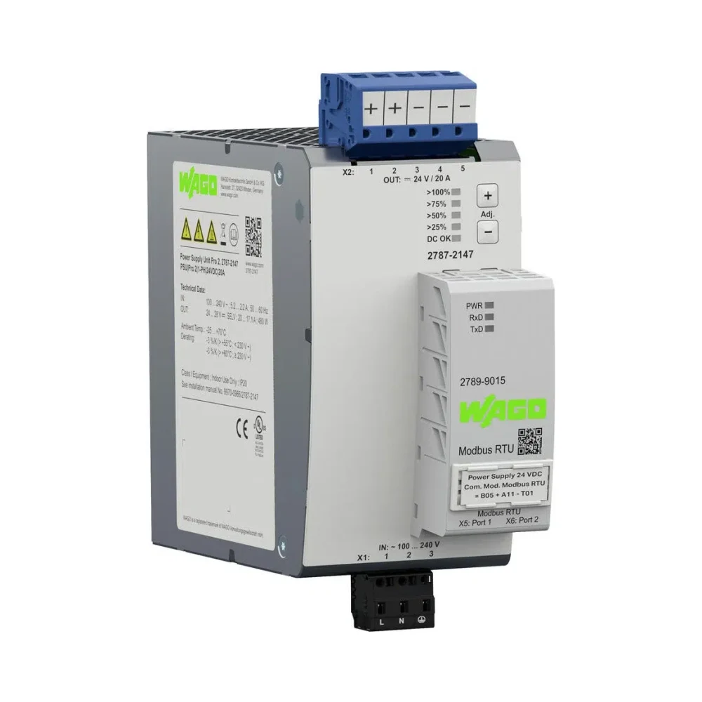 Wago 2787-2147 Power Supply Pro 2 24 VDC 20A TopBoost + PowerBoost 6 Wago 2787-2147 Wago 2787-2147 Power supply; Pro 2; 1-phase; 24 VDC output voltage; 20 A output current; TopBoost + PowerBoost 6