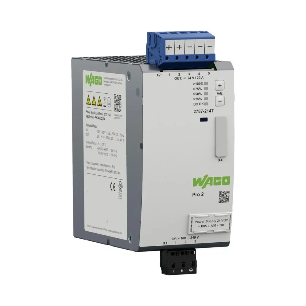 Wago 2787-2147 Power Supply Pro 2 24 VDC 20A TopBoost + PowerBoost 1 Wago 2787-2147 Wago 2787-2147 Power supply; Pro 2; 1-phase; 24 VDC output voltage; 20 A output current; TopBoost + PowerBoost 1