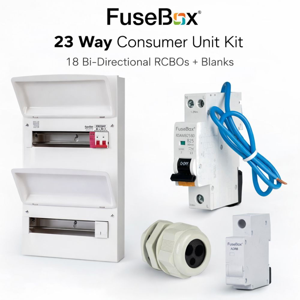 FuseBox | F3023MZ | 23 Way Consumer Unit Kit | 18 Bi-Dir RCBOs | 5 Blanks | Gland 1 FuseBox 23 Way Consumer Unit Kit with 18 RCBOs
