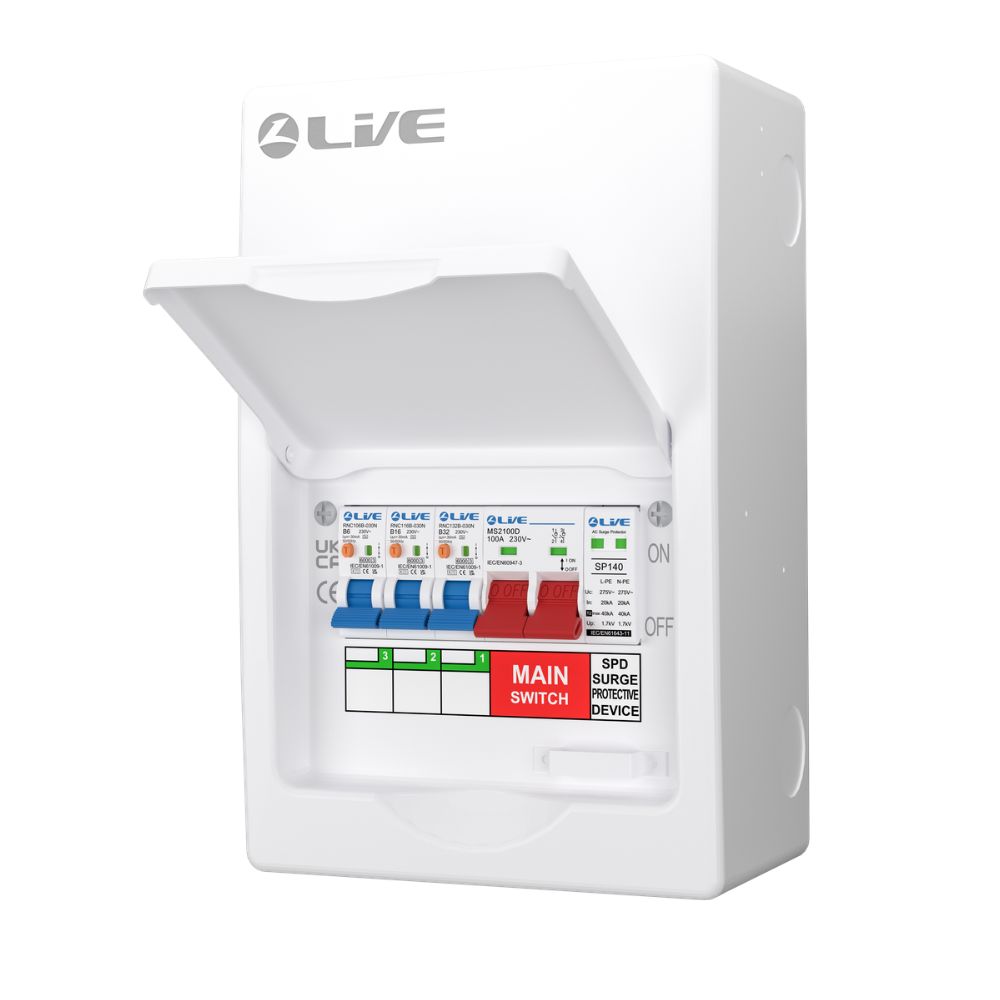 Live Electrical | LSMC06SRN/100 | 3 Way Metal Populated RCBO Consumer Unit | SPD | 3 x DP RCBOs 4 LSMC06SRN/100 RCBO Consumer Unit