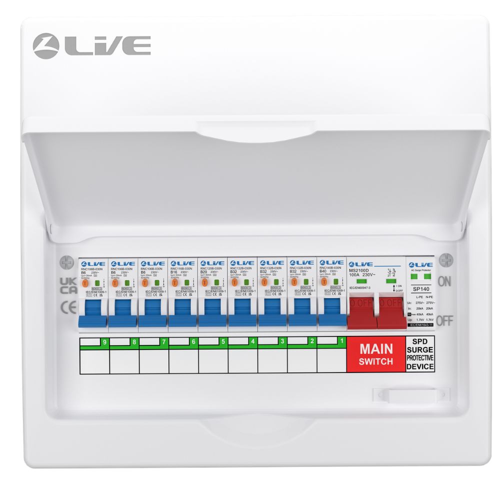 Live Electrical | LSMC12SRN/100 | 9 Way Metal Populated RCBO Consumer Unit | SPD | 9 x DP RCBOs 5 LSMC12SRN/100 RCBO Consumer Unit