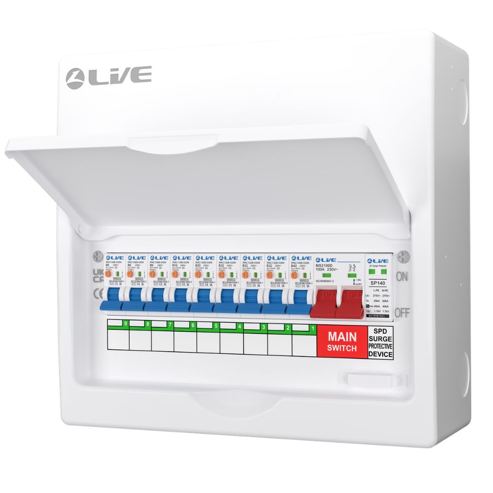 Live Electrical | LSMC12SRN/100 | 9 Way Metal Populated RCBO Consumer Unit | SPD | 9 x DP RCBOs 4 LSMC12SRN/100 RCBO Consumer Unit