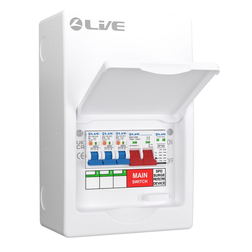 Live Electrical | LSMC06SRN/100 | 3 Way Metal Populated RCBO Consumer Unit | SPD | 3 x DP RCBOs 1 Live 3 Way Double Pole Busbar RCBO Consumer Unit