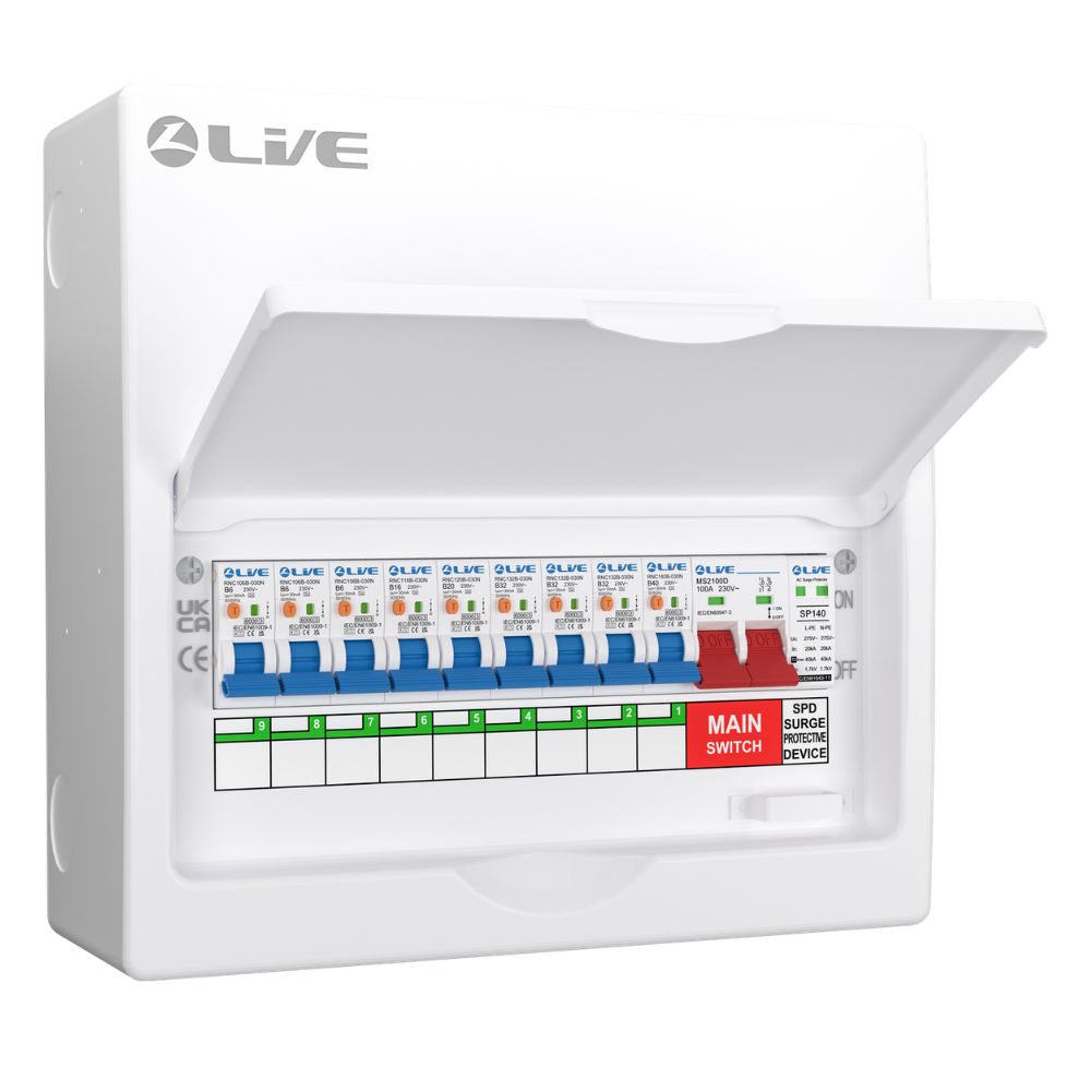 Live Electrical | LSMC12SRN/100 | 9 Way Metal Populated RCBO Consumer Unit | SPD | 9 x DP RCBOs 1 Live 9 Way Double Pole Busbar RCBO Consumer Unit
