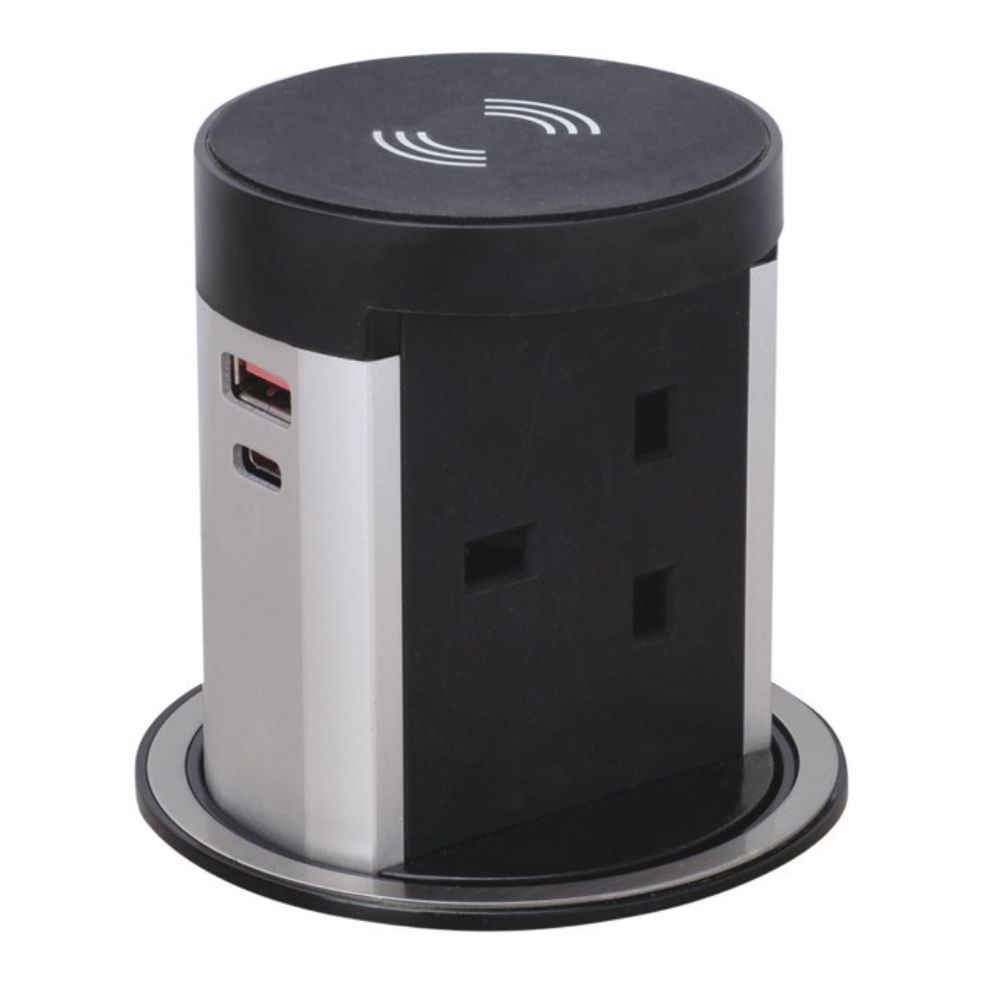 Hafele | 822.91.206 | Pop-Up Socket with Wireless Charger | USB-A + USB-C | Black Aluminium 1 Häfele | 822.91.206 | Pop-Up Socket with Wireless Charger | USB-A + USB-C | Black Aluminium