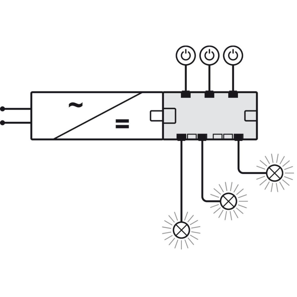 Hafele | 833.95.828 | Loox5 12V 6-Way Distributor | 60W | Multi-Switching Function 2 Hafele 833.95.828 Loox5 12V 6-Way Distributor with multi-switching function for up to 3 switches and 60W LED lighting systems.