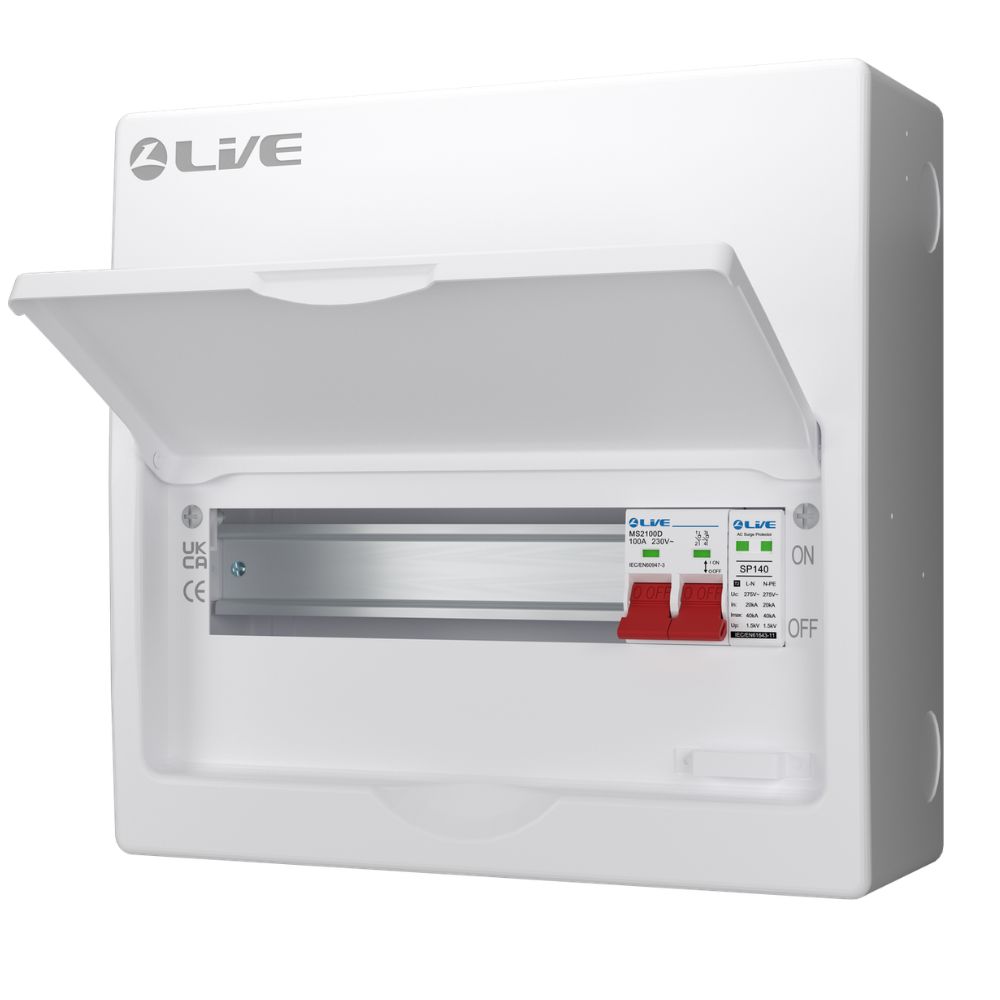 Live Electrical | LSMC12S-SP | SRN | Double Pole Busbar Consumer Unit | Type 2 SPD | 9 Way 1 Live Electrical LSMC12S-SP SRN Consumer Unit