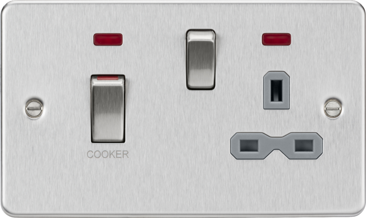 Knightsbridge | FPR83MNBCG | 45A DP Switch & 13A Socket with Neons | Brushed Chrome | Grey Insert 1 Knightsbridge FPR83MNBCG Cooker Switch