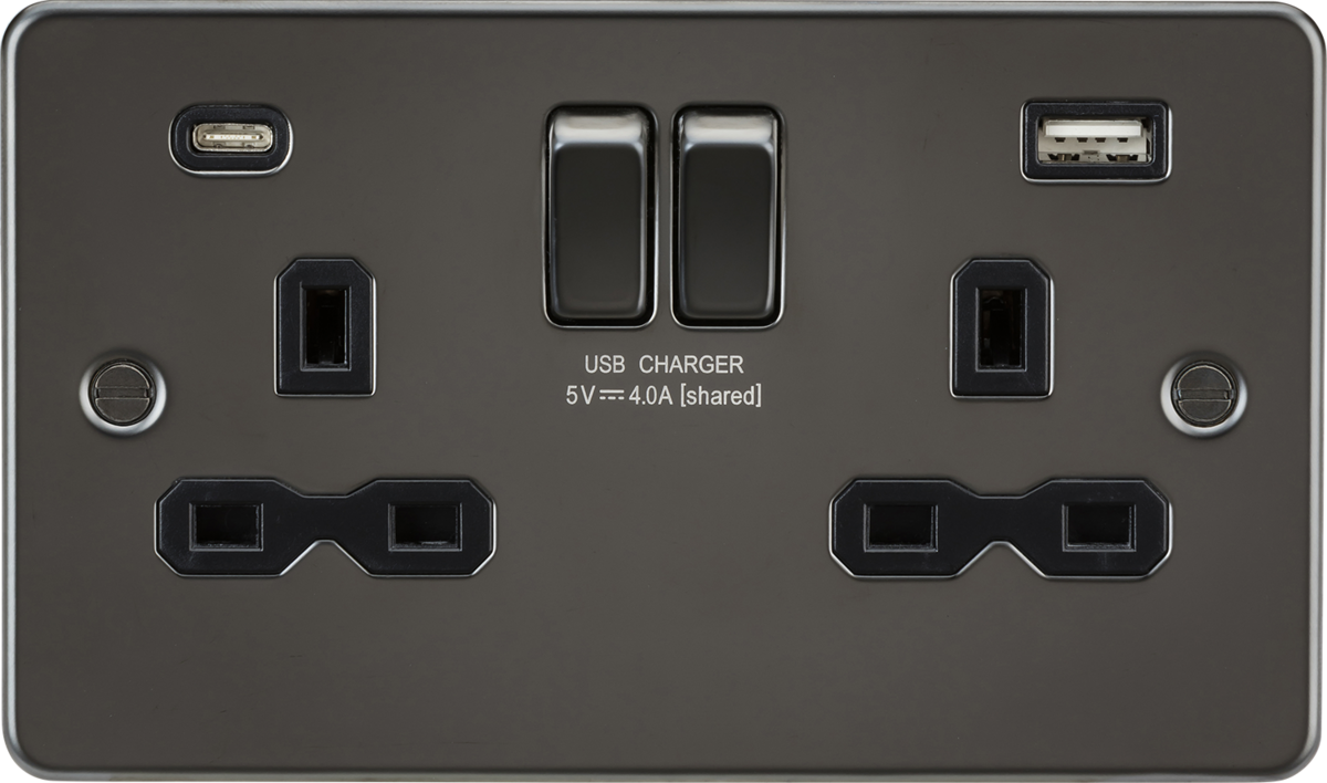Knightsbridge | FPR9940GM | 13A 2G SP Switched Socket with Dual USB A+C (5V DC 4.0A shared) | Gunmetal with Black Insert 1 Knightsbridge FPR9940GM USB Socket