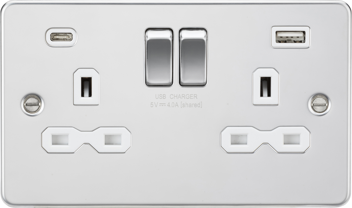 Knightsbridge | FPR9940PCW | 13A 2G SP Switched Socket with Dual USB A+C | Polished Chrome | White Insert 1 Knightsbridge FPR9940PCW USB Socket