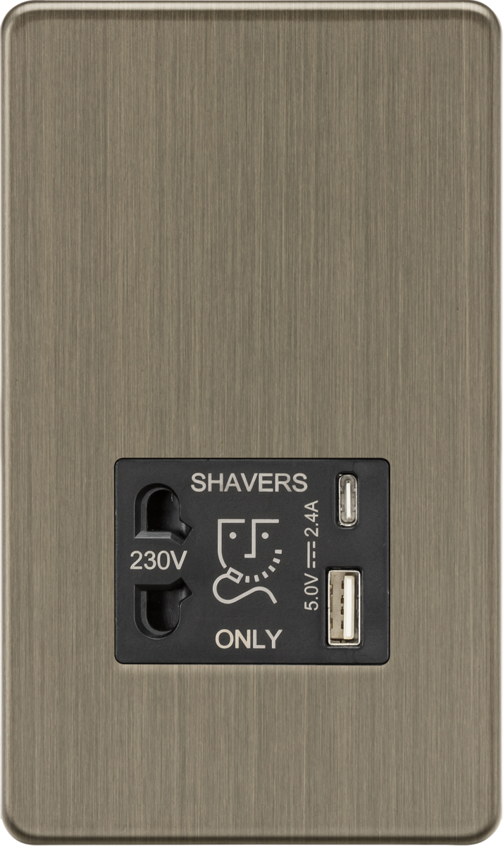 Knightsbridge | SF8909AB | Shaver socket with dual USB A+C (5V DC 2.4A shared) | Antique Brass 1 Knightsbridge SF8909AB Shaver USB Socket