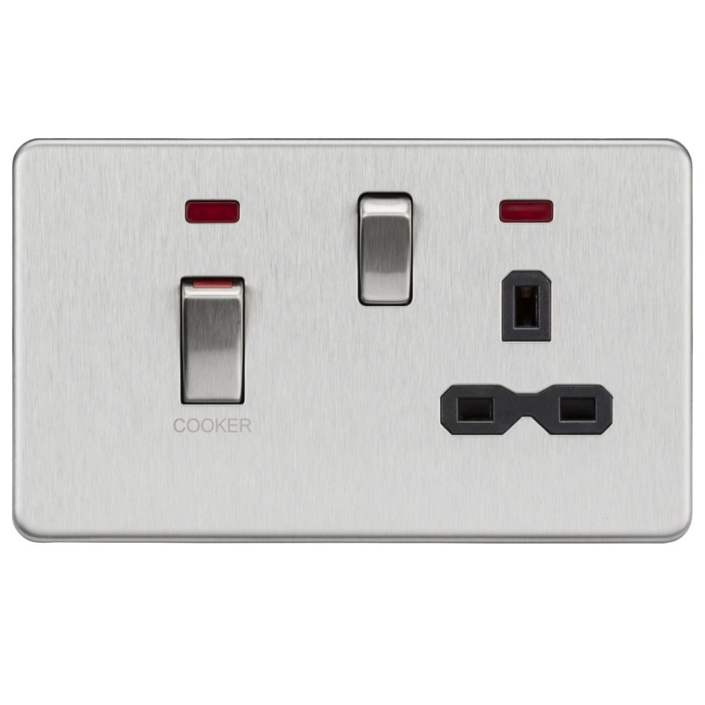 Knightsbridge | SFR83MNBC | 45A DP Switch & 13A Socket with Neons | Brushed Chrome | Black Insert 1 Knightsbridge SFR83MNBC Cooker Switch Socket