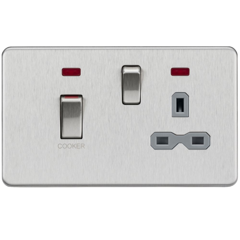 Knightsbridge | SFR83MNBCG | 45A DP Switch & 13A Socket with Neons | Brushed Chrome | Grey Insert 1 Knightsbridge SFR83MNBCG Cooker Switch Socket