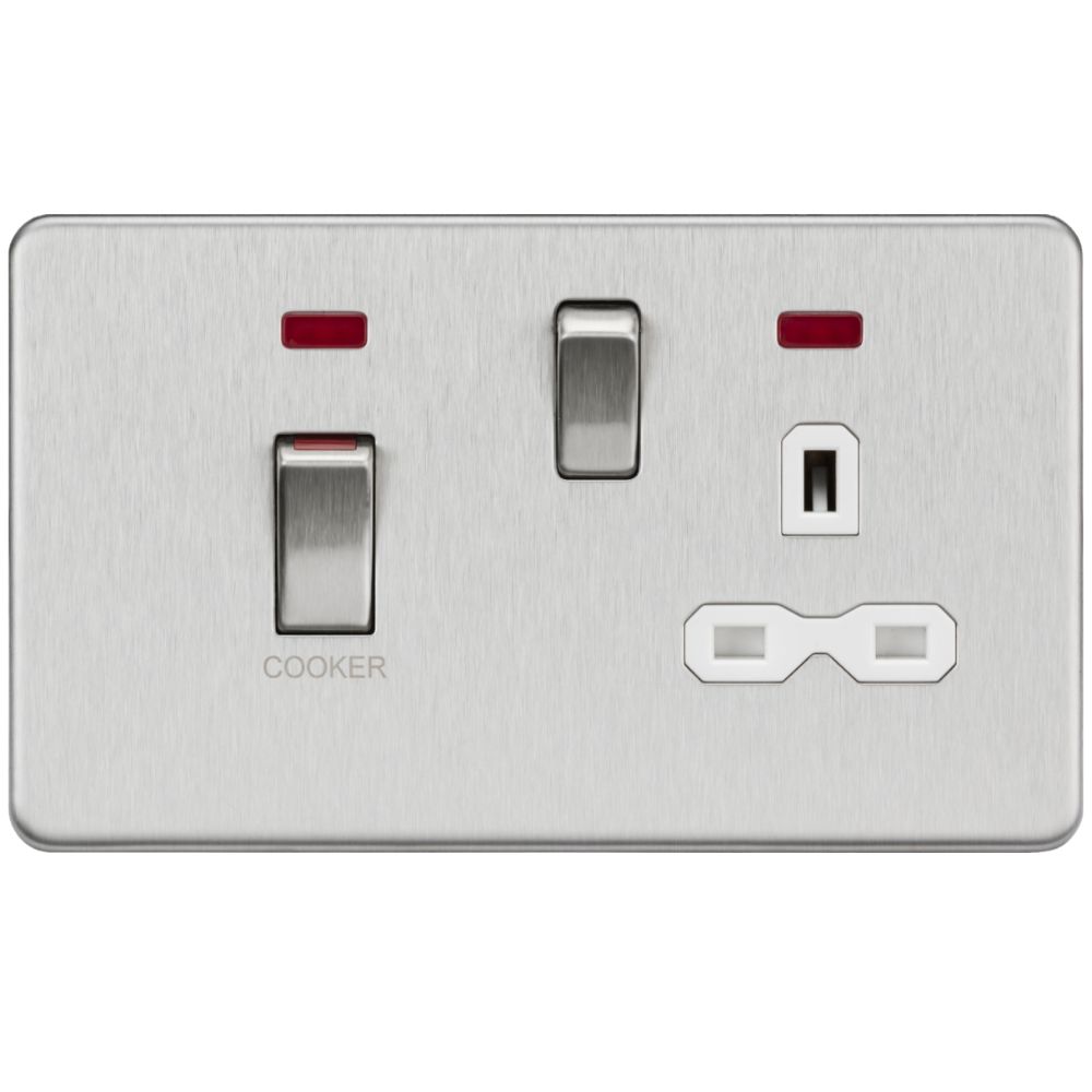 Knightsbridge | SFR83MNBCW | 45A DP Switch & 13A Socket with Neons | Brushed Chrome | White Insert 1 Knightsbridge SFR83MNBCW Cooker Switch Socket
