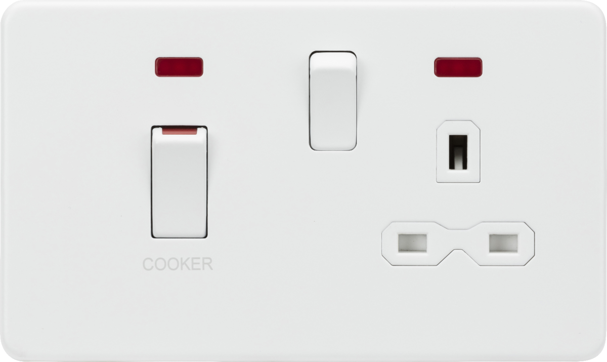 Knightsbridge | SFR83MNMW | 45A DP Switch & 13A Socket with Neons | Matt White with White insert 1 Knightsbridge SFR83MNMW Socket