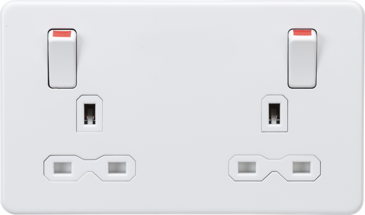 Knightsbridge | SFR9001MW | 13A 2G DP Switched Socket Metal Outboard Rockers with Red Flash | Matt White with White Insert 1 Knightsbridge SFR9001MW Switched Socket