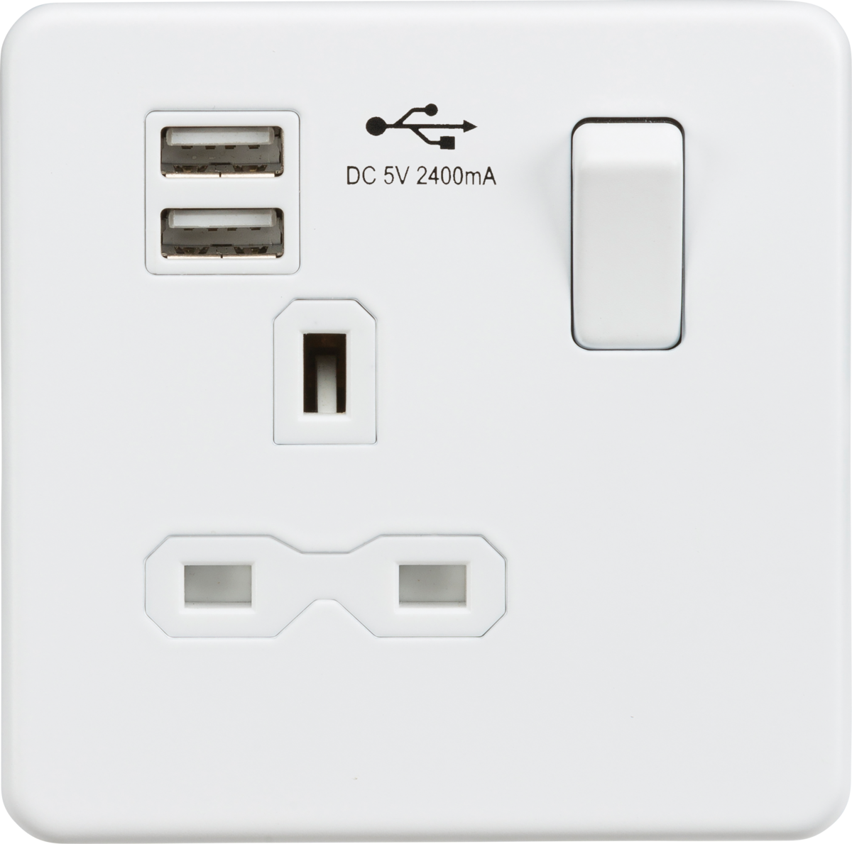 Knightsbridge | SFR9124MW | 13A 1G SP Switched Socket with Dual USB A+A (5V DC 2.4A shared) | Matt White with White Insert 1 Knightsbridge SFR9124MW USB Socket