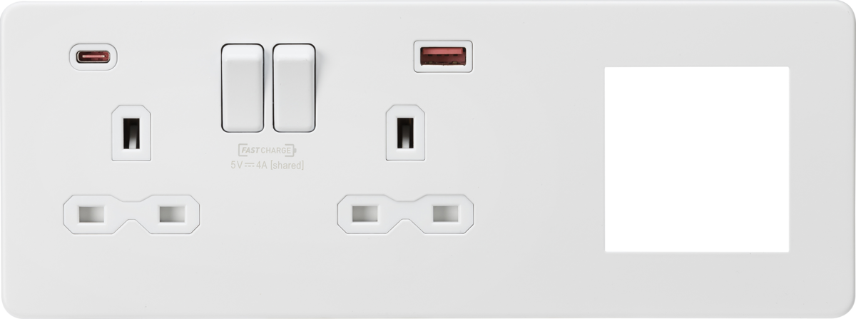 Knightsbridge | SFR992LMW | 13A 2G DP Socket +2G Modular + Dual USB A+C 12V DC 1.5A (Max. 18W) | Matt White with White Insert 1 Knightsbridge SFR992LMW USB Socket